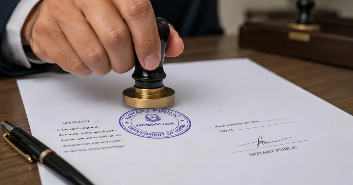Notary public pressing official stamp seal on affidavit document in Kathmandu Nepal