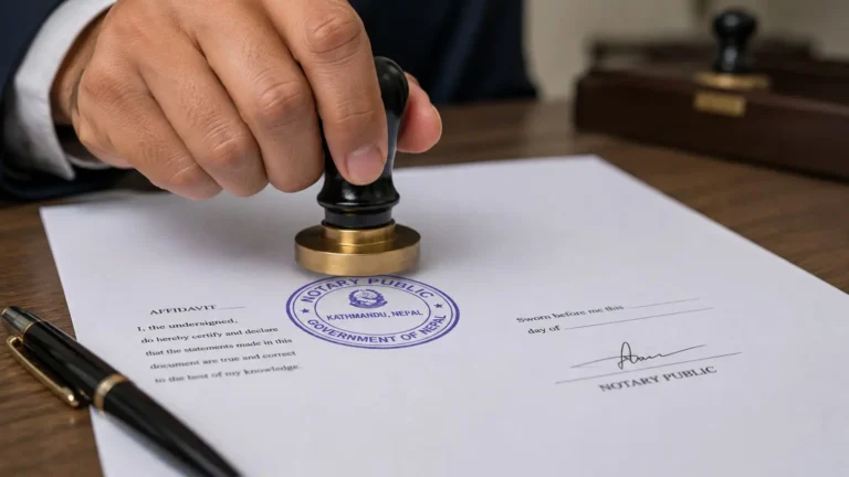 Notary public pressing official stamp seal on affidavit document in Kathmandu Nepal